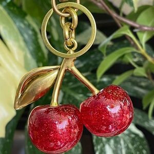 Gold Tone Retro Cherry Bag Charm / Keychain